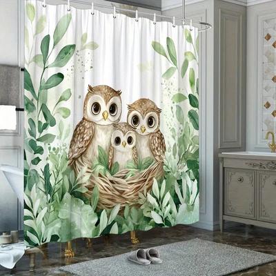 ~O~1pc Polyester Shower Curtain - 3 Wise Owls Nest Design, 70.8x70.8", Washable with 12 Hooks, Lush Greenery & Twigs Theme