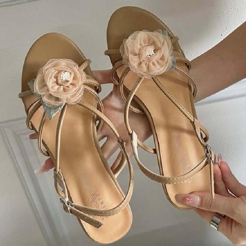 Floral Narrow Strap Designer Branded Sandals for Ladies Summer Open Toe Low Heeled Pumps Elegant Party Dress Buckle High Heels