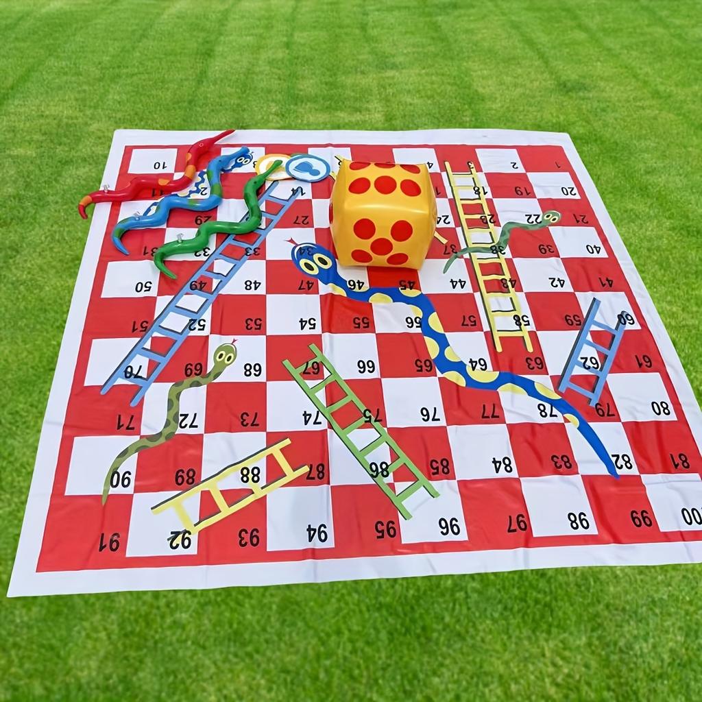 Portable PVC Snake Ladder Chessboard Game Mat with Dice - 129.54x129.54 Cm Outdoor Travel Board Game for Family Camping, Picnics