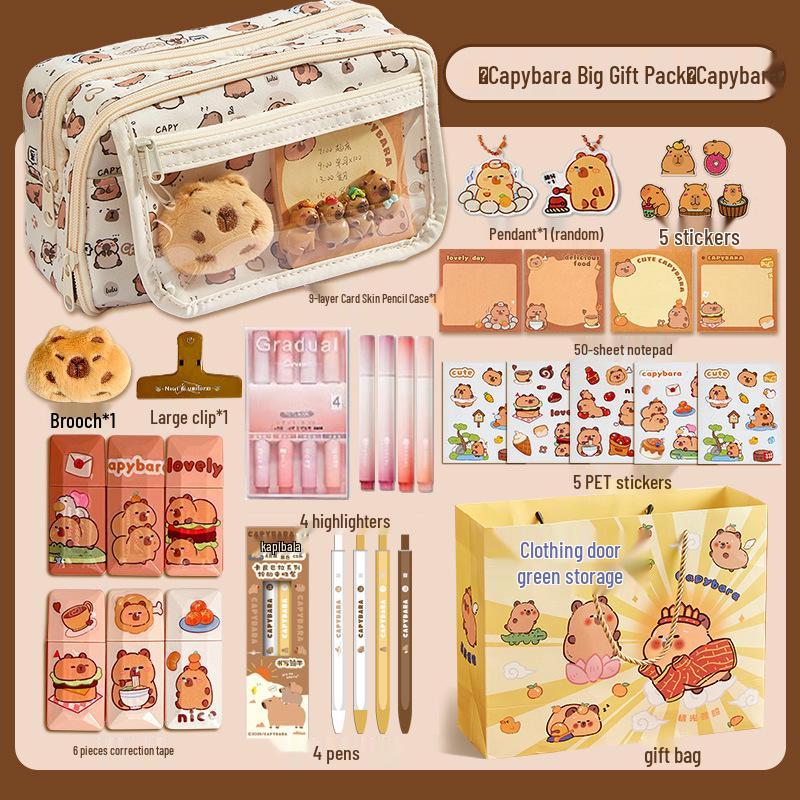 Capybara Neun-Schichten Cartoon Federmäppchen für Grundschüler - Schreibwaren-Set mit hoher Kapazität