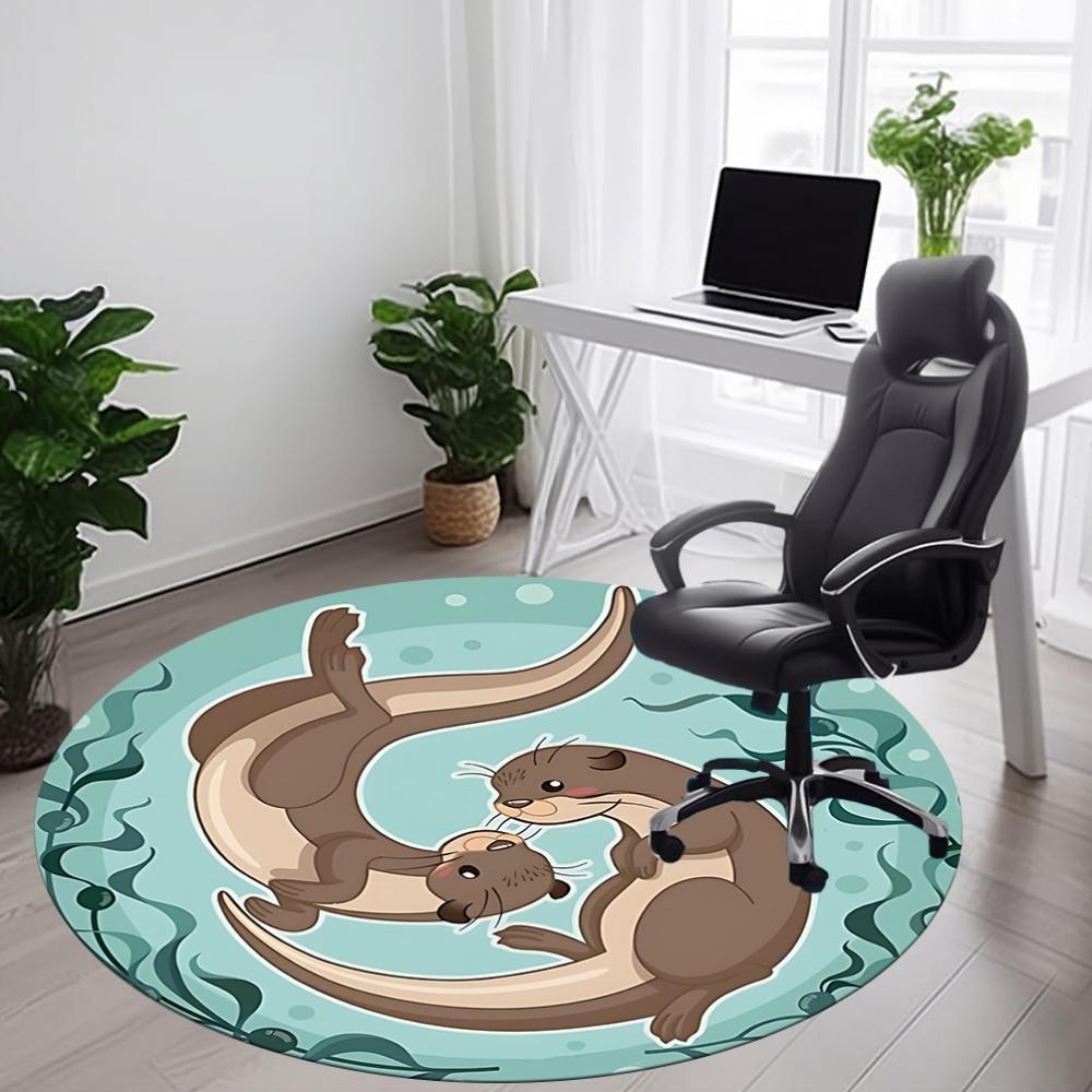 1pc Otter Family Office Round Area Rug, Indoor Mat Suitable For Office, Under Office Chairs Bedroom Living Room Home Decor, Room Deco