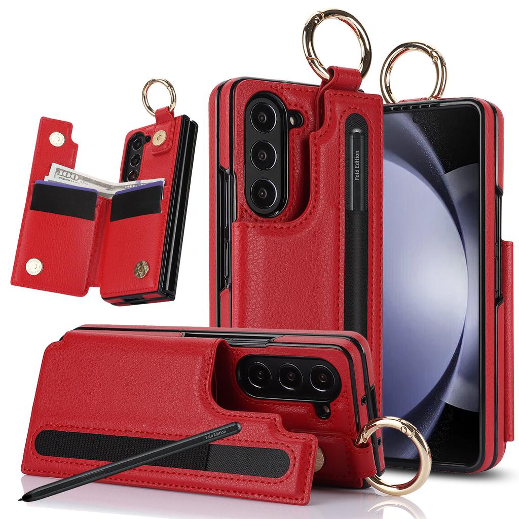 Fold7 Ring Leder Handyhülle für Samsung Galaxy Z Fold 7 6 5 4 3 Stifthalter Doppelschnalle Klapp-Kartenhalter Geldbörse Harte Abdeckung