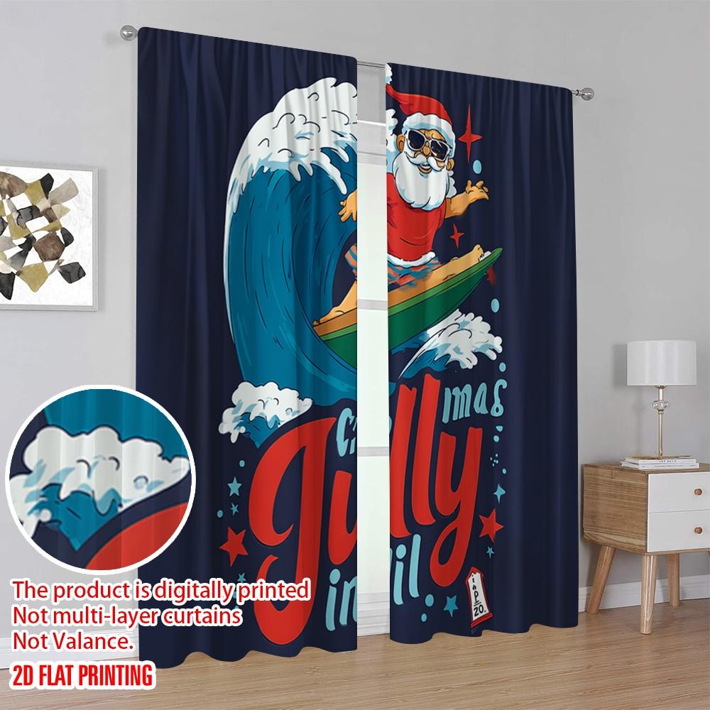 2pcs,2D Plane Printing Curtains&Window Treatment Surfing Santa & Reindeer Versatile Polyester Fabric (without Rod) Decorations