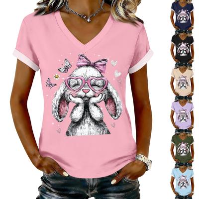 Women's Casual Printed T-Shirt V Neck Pullover Short Sleeve Top