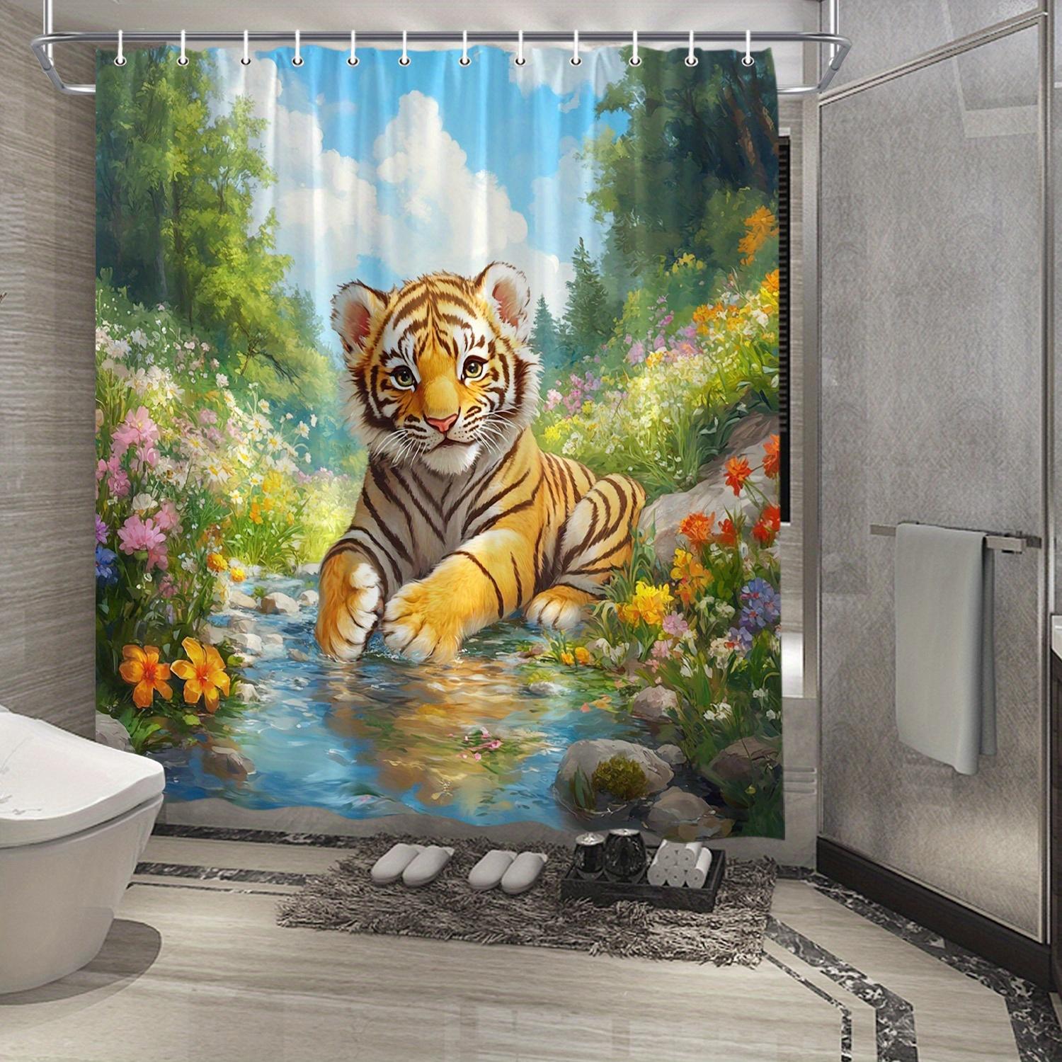 Dunika Chen Enchanting Tiger Cub Shower Curtain - Waterproof, Mildew-Resistant With Lush Forest Scene For Nature-Inspired Bathroom Decor