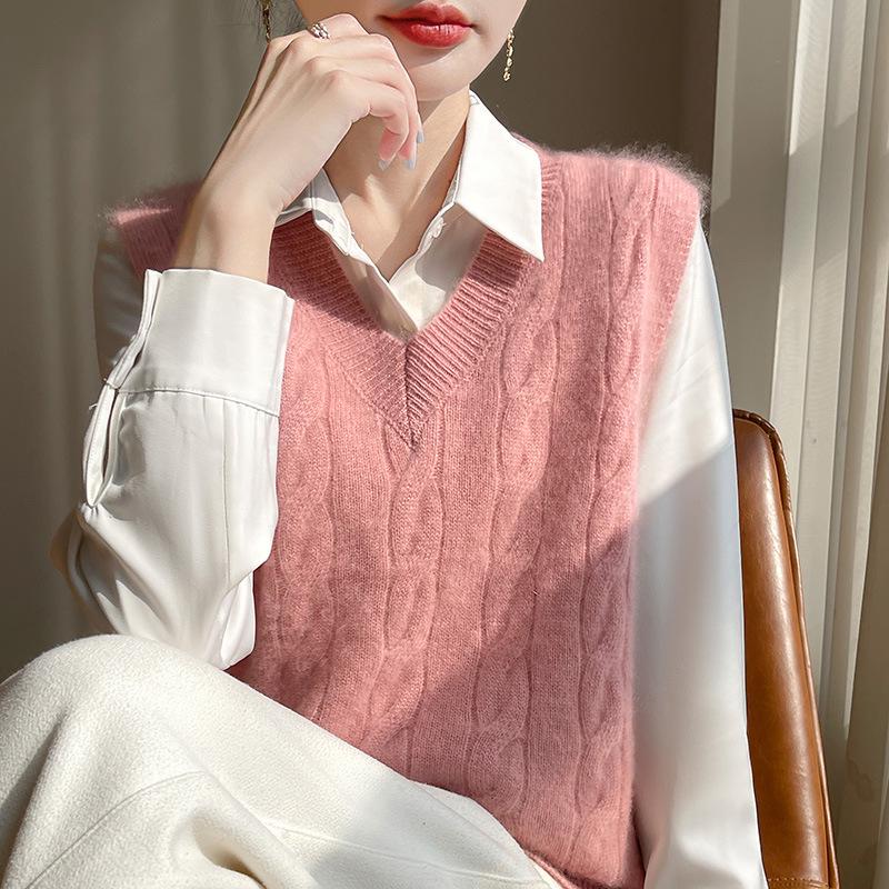 Women's Luxury Wool Cable Knit V-Neck Vest - Autumn/Winter Collection