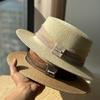Spring and Summer French Elegant Pearl Flat-top Straw Hat for Women, British Retro Sun Hat for Seaside Vacation and Beach Sun Protection