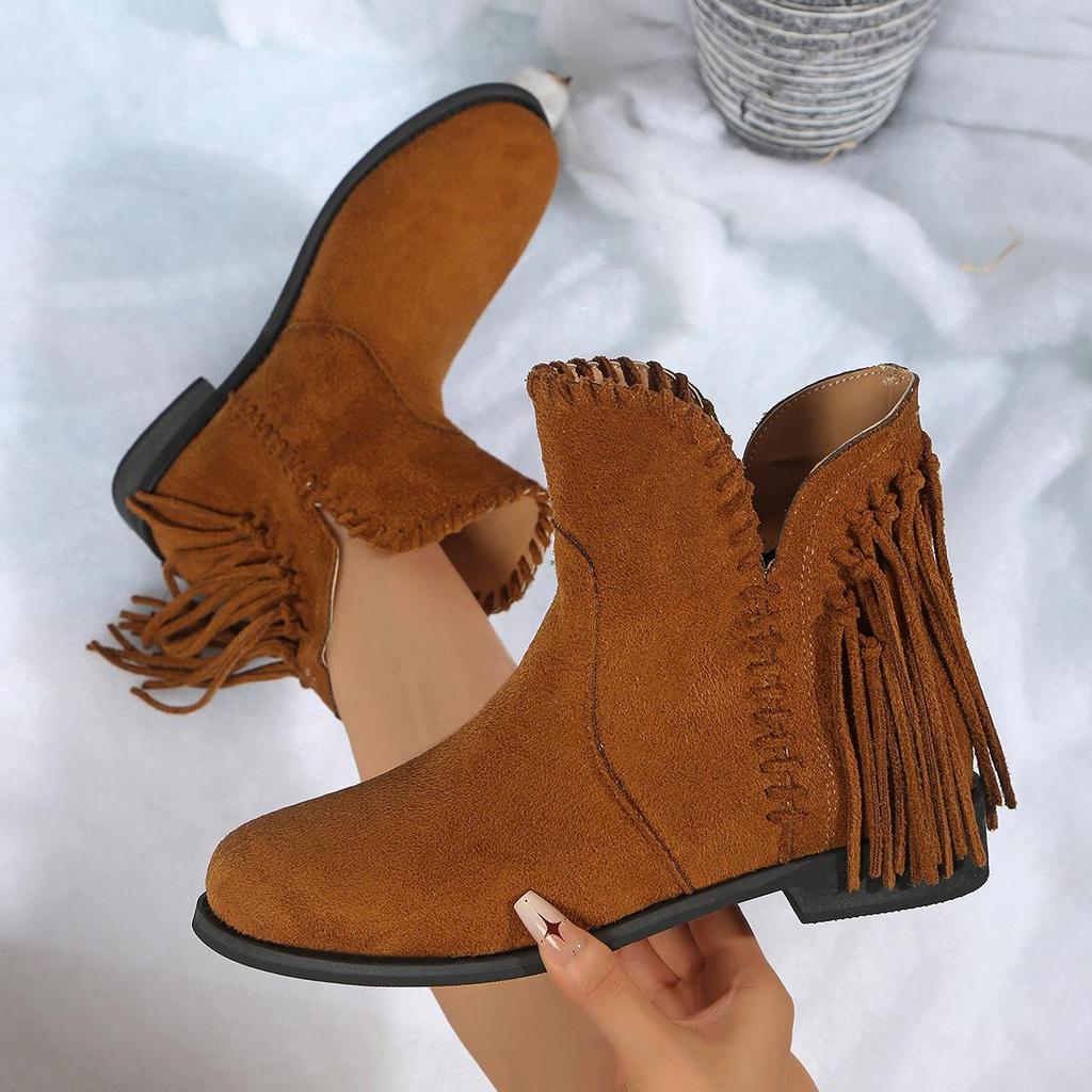 Europäische Damen Wildleder Quaste Chelsea Stiefeletten - Herbst/Winter Runde Spitze Zum Hineinschlüpfen Niedriger Absatz