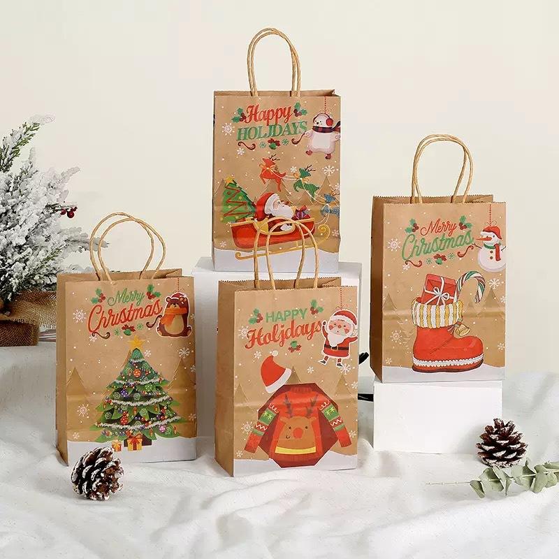 4-Pack Small Christmas Gift Bags, Red Christmas Tree, Santa Hat, Portable Kraft Paper Bags, Party Bakery Store Gift Packaging