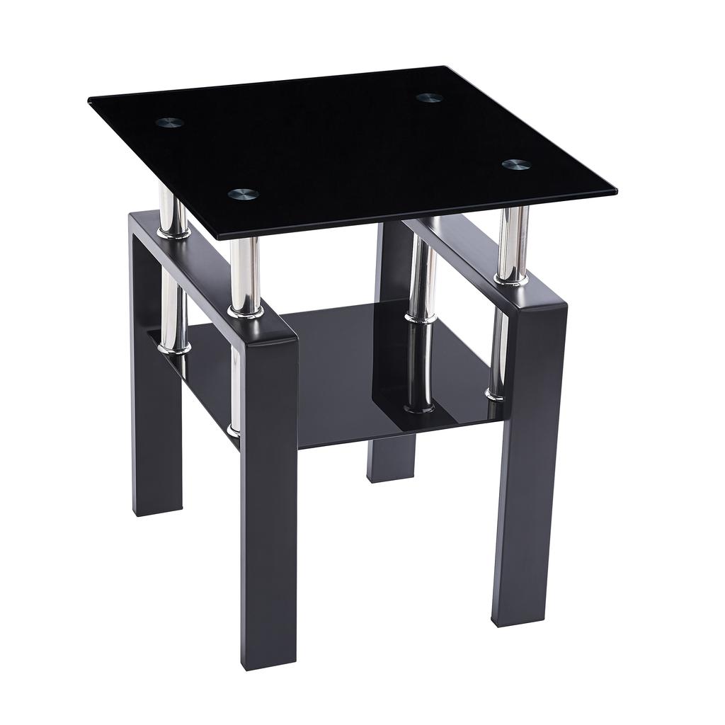 2-Piece Tempered Black Glass Sofa Table, Black Nightstand with Metal Leg for Living Room