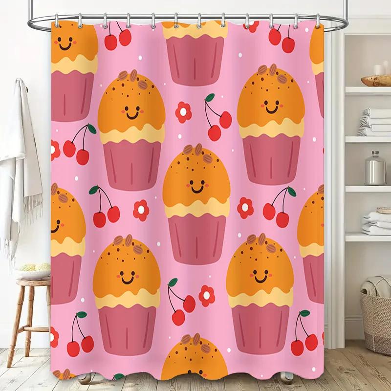 Cute cupcake shower curtain with smiling faces perfect for a bathroom Pink background with cherries and nuts. Made from waterpr
