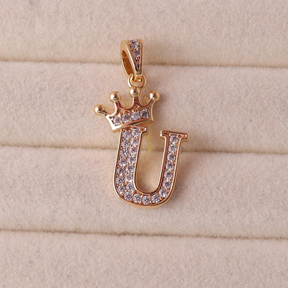 Gold-Plated Crown Rhinestone Letter Pendant Necklace