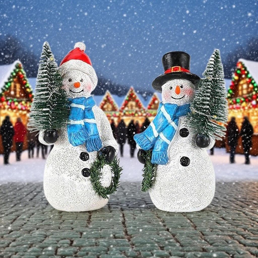 Double 4.8 Inch Resin Snowman Figurines With Christmas Tree Garland Christmas Decoration Indoor Snowman Decorative Ornaments