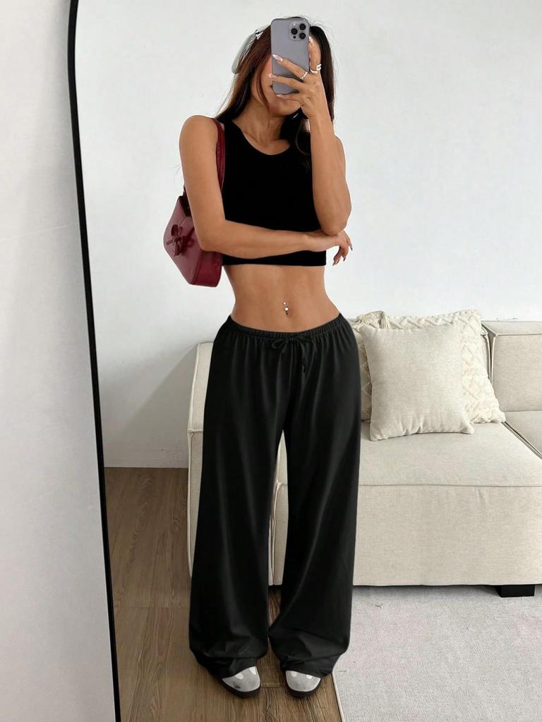 European & American Women's Solid Color Elastic Waist Wide-Leg Casual Pants