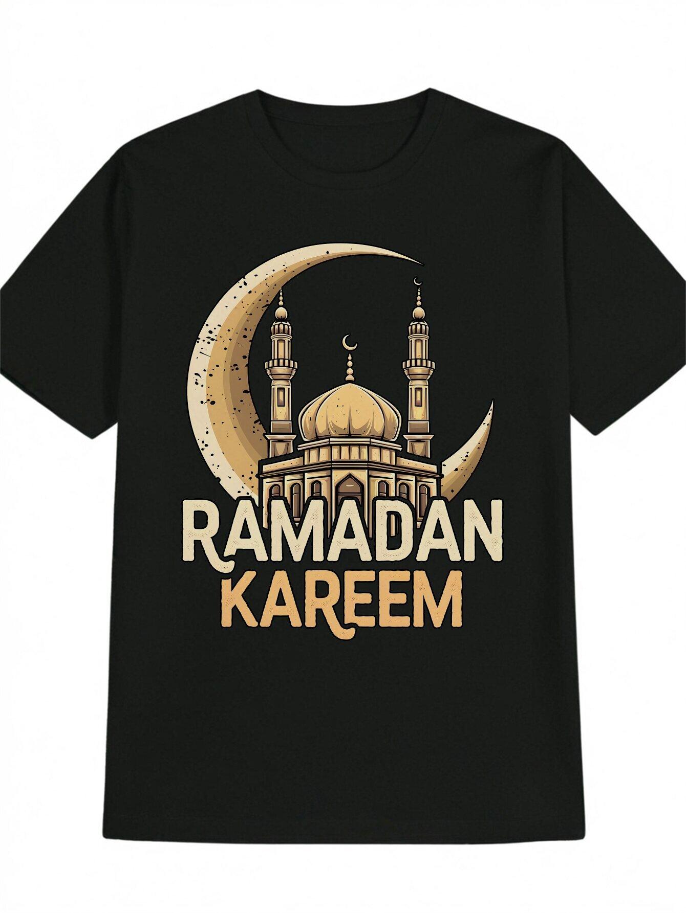 Casual Crew Neck T-shirt with Ramadan Kareem Print - Black Polyester L