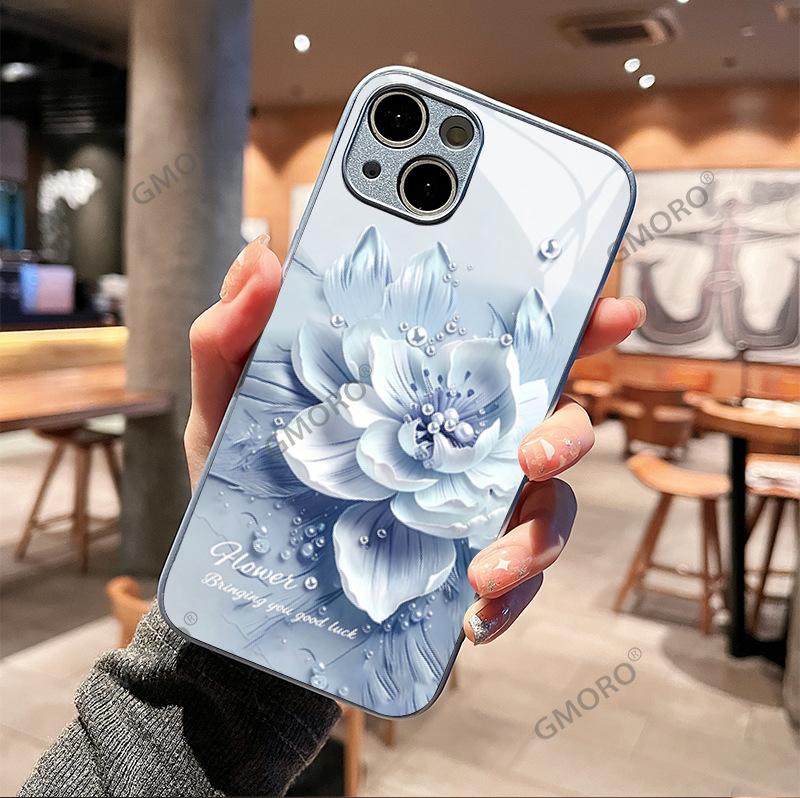 Light luxury three-dimensional color flower Apple 15promax mobile phone case glass high-end iPhone17 girls
