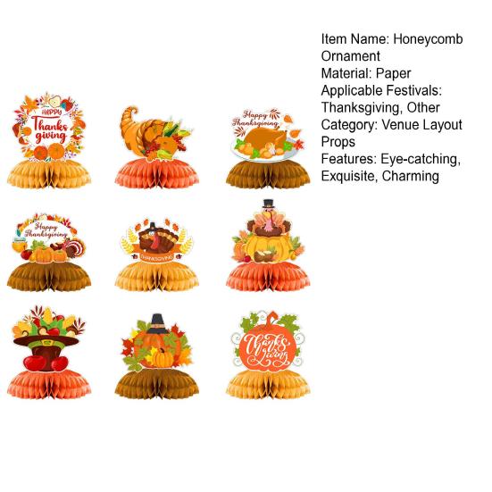 9 Pcs Fall Thanksgiving Honeycomb Decor Paper Pumpkin Maple Leaf Turkey Centerpiece 3D Honeycomb Standing Table Topper for Autumn Harvest Kitchen