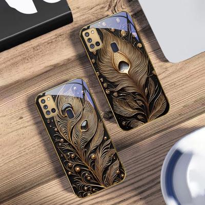 Plume Dorée Pierre Précieuse Pour Samsung A 31 32 A33 A34 35 14 A15 13 16 25 26 50 52 53 54 55 56 70 71 72 73 Coque de téléphone en verre doré