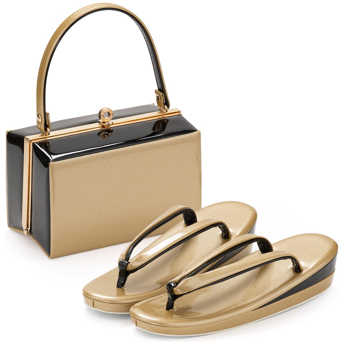 

Zori Bag Set for Formal M Made in China [Kyoto Miyabi] Furisode, Hakama, Wear, Women s, Gold/Black, Plain, Square, Size, 23.0cm, 23.5cm, золотий