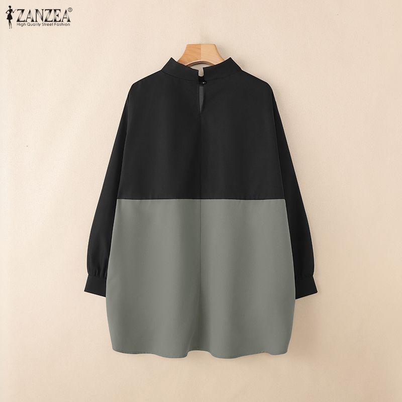 ZANZEA Women Stand Collar Loose Casual Long Sleeve Patchwork Blouse