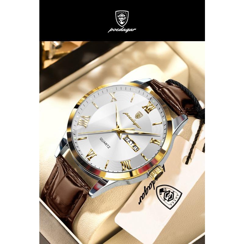 POEDAGAR Luxury Fashion Watch for Man Leather Date Week Casual Quartz Clock Waterproof Luminous Business Watches Reloj