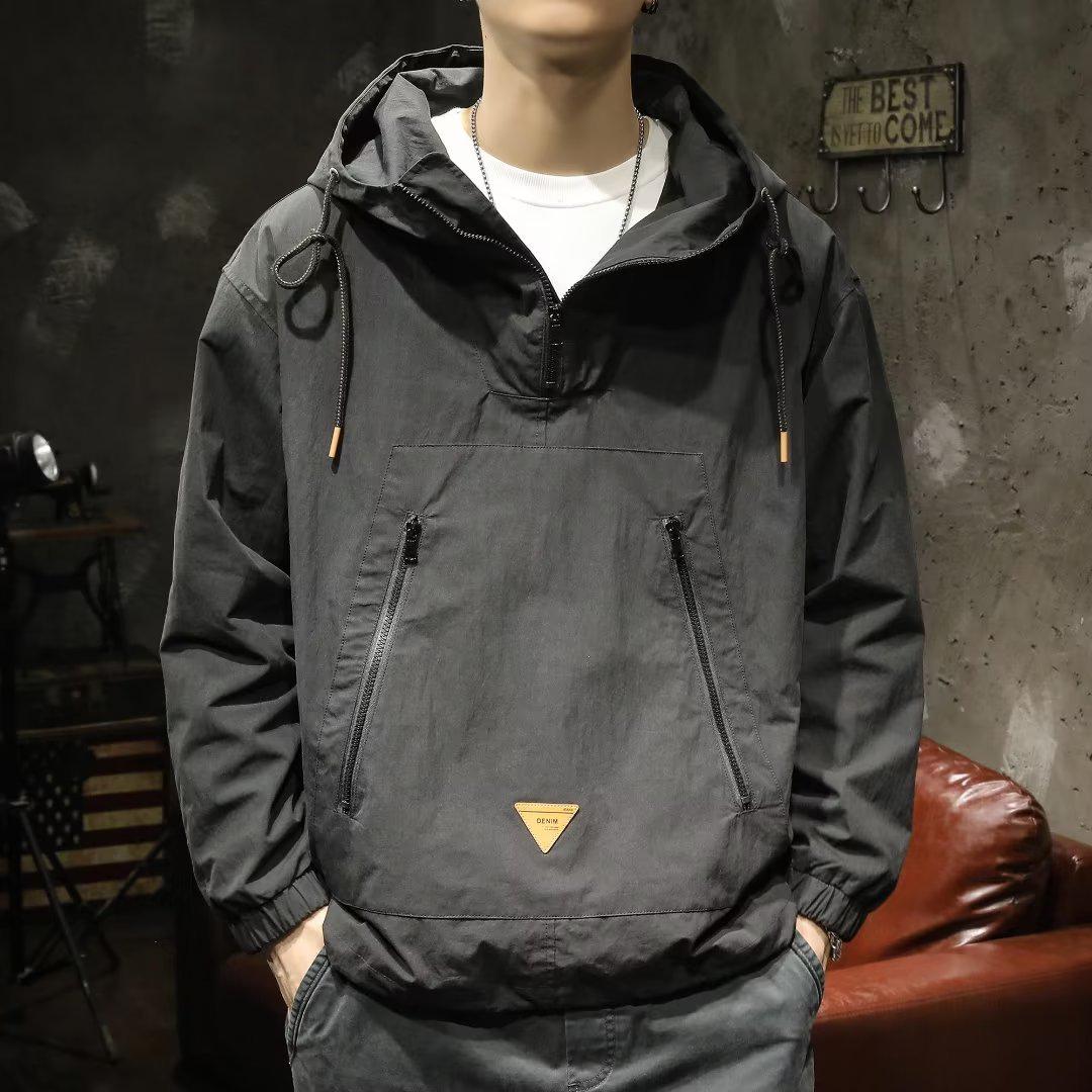 

Men s Loose Fit Japanese Style Hooded Half-Zip Jacket for Spring and Autumn XL чёрный