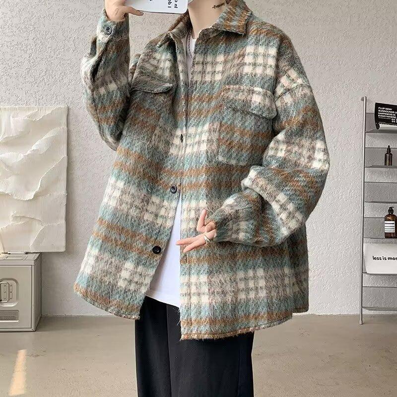 Hong Kong Retro Plaid Woolen Student Jacket: Loose Fit, Versatile Men's Long-Sleeve Top