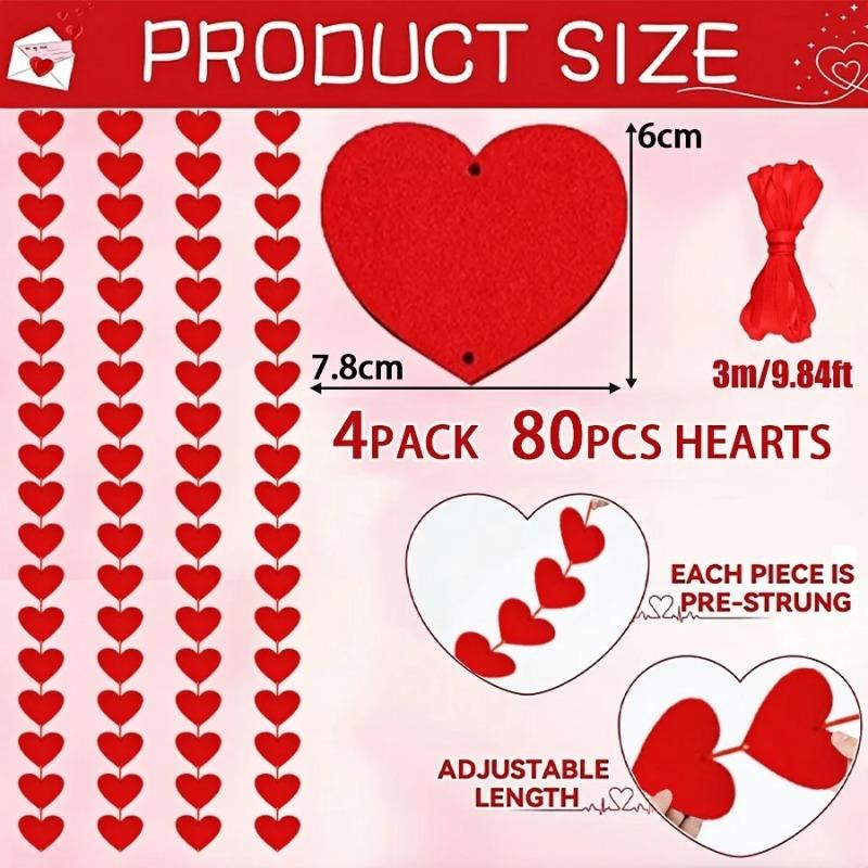 

4Pack 3M 80pcs Red Hearts Garland DIY Valentines Day Hanging String Garland Day Wedding Anniversary Proposal Party Decorations