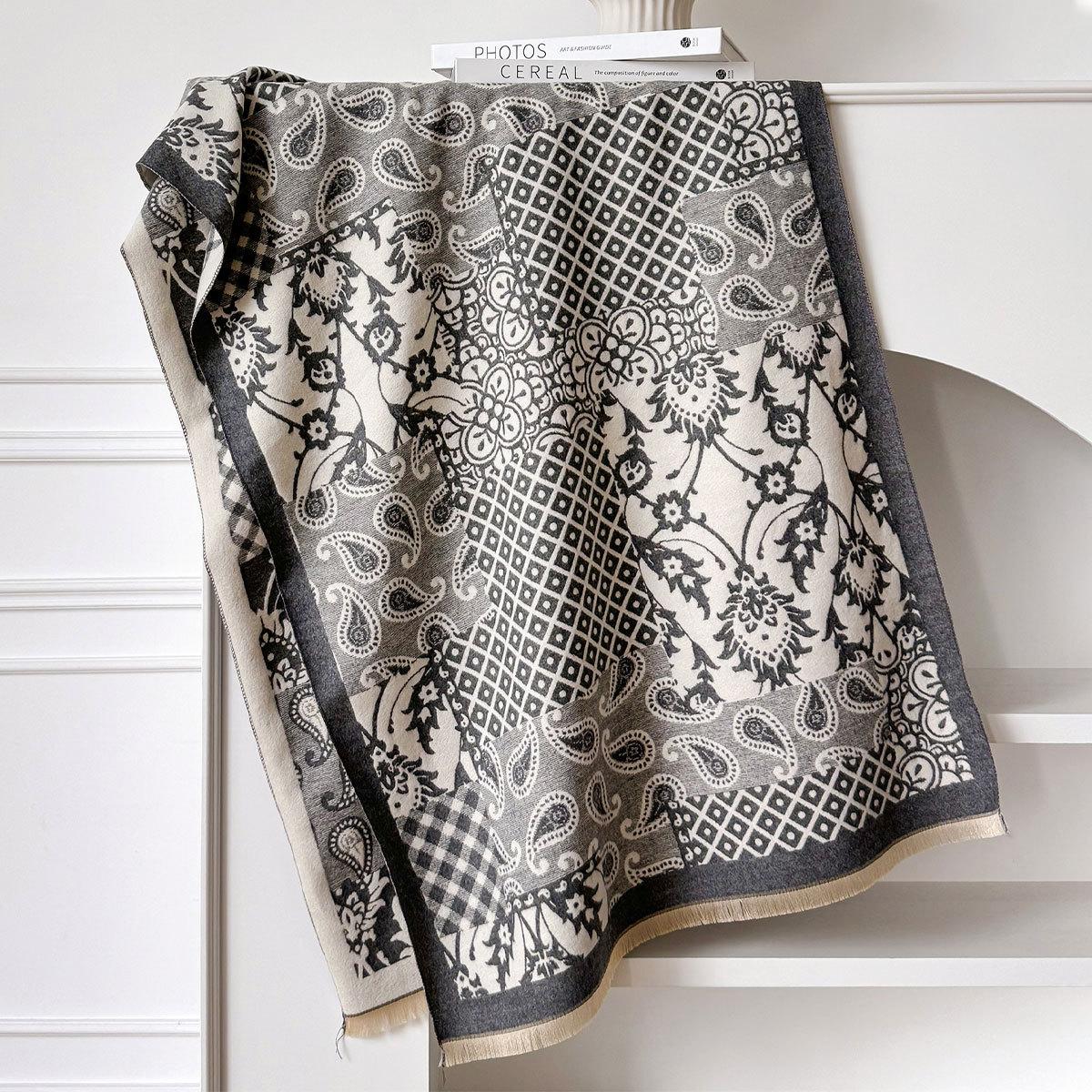 

Осенне-зимний шарф из имитации кашемира, утолщенный и удлиненный, с цветочным узором, в стиле ретро, этнический, шаль двойного назначения, верхняя накидка 185*65 серый