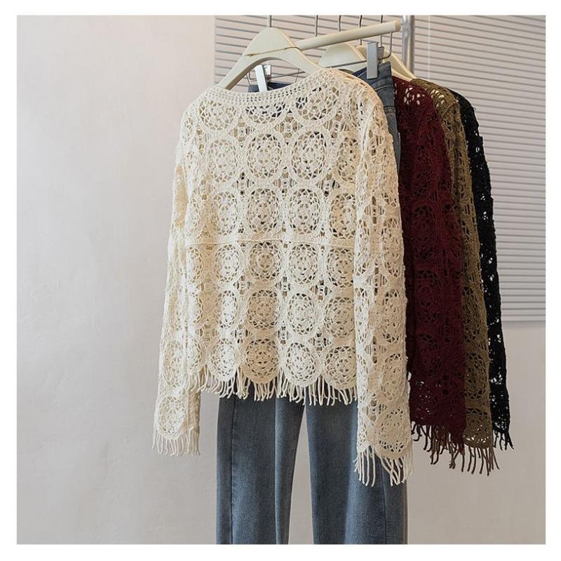 Suéter Top Crochê Vazado de Cor Sólida Elegante com Manga Longa Moda Gola Redonda Retrô Pulôver de Outono