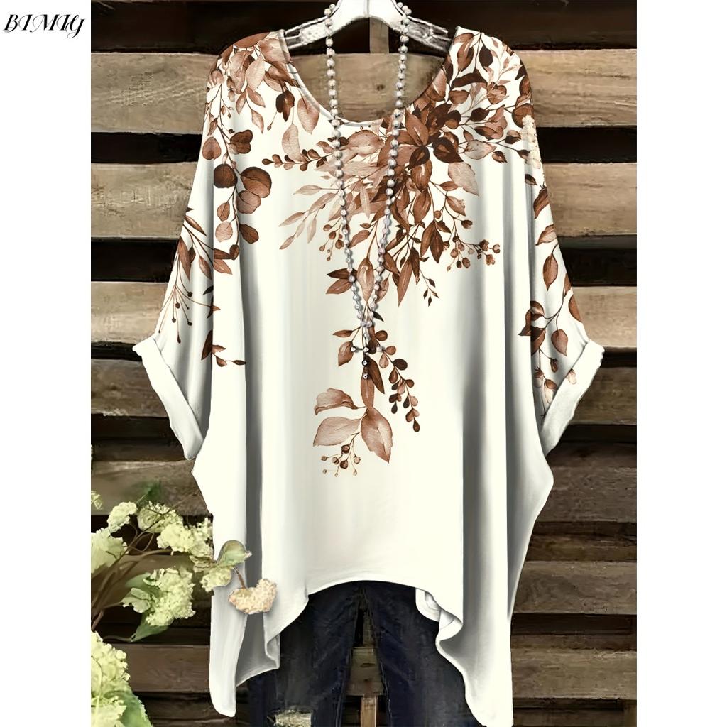 Sommar Dam Elegant Bohemisk Tvåfärgad T-shirt - Hjärta Blommigt Tryck med Fjäril Rund Hals Casual Blus Boho Älskare 2025