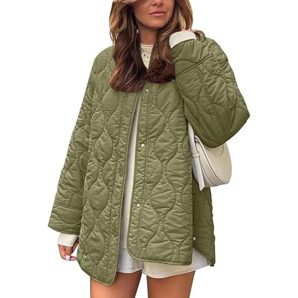 2025 Autumn Winter New European American Style Quilted Simple Solid Color Round Neck Loose Cotton Coat Outerwear