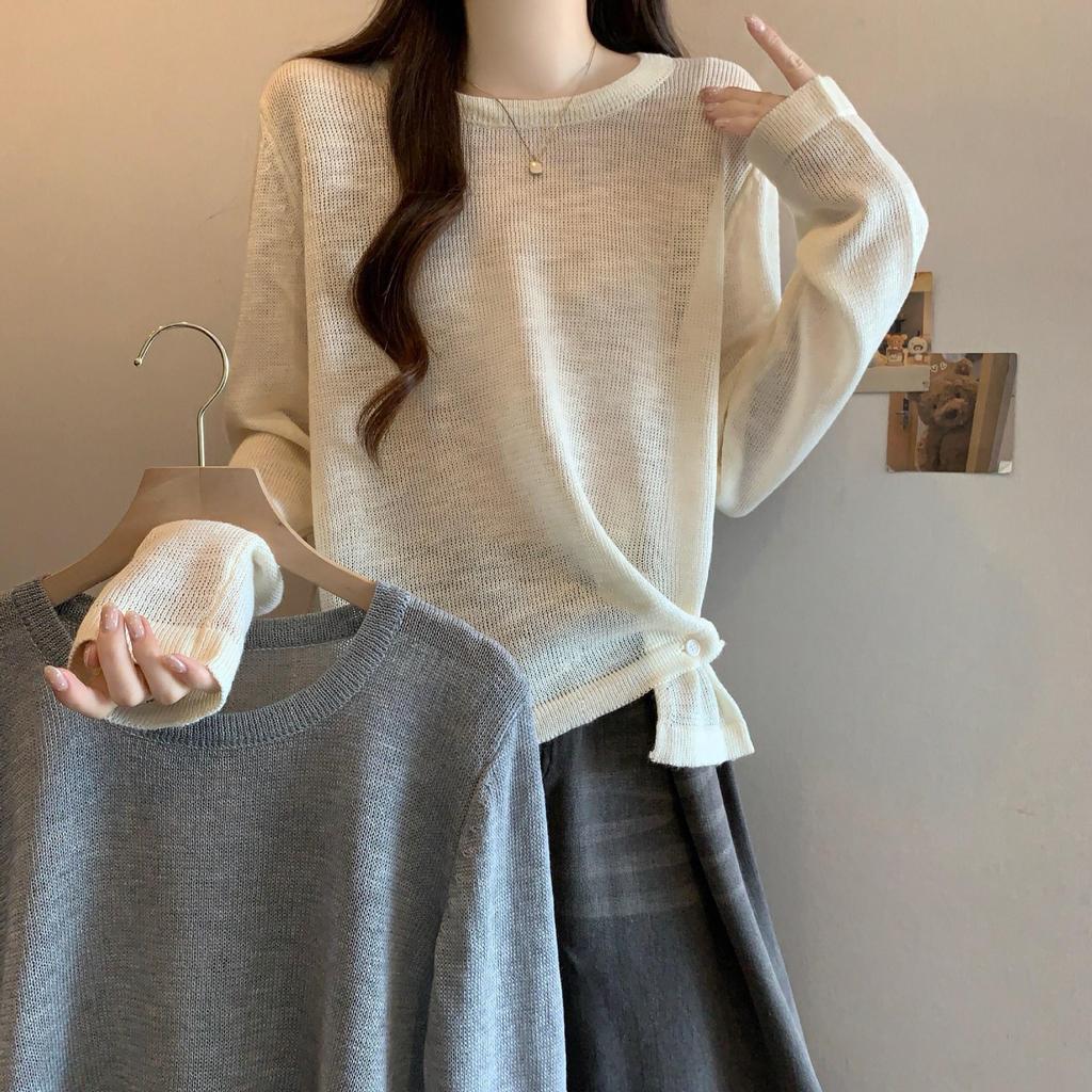 2026 Spring Round Neck Plus Size Split Hem Knit Top - Long Sleeve Waist-Cinching Design for Women