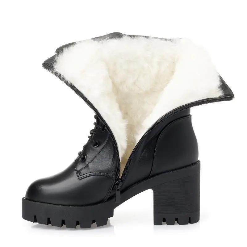 Winter Leather Women Winter Boots Thick Wool Warm Women High-heeled Genuine Boot High-quality Female Snow Boots Women Shoes