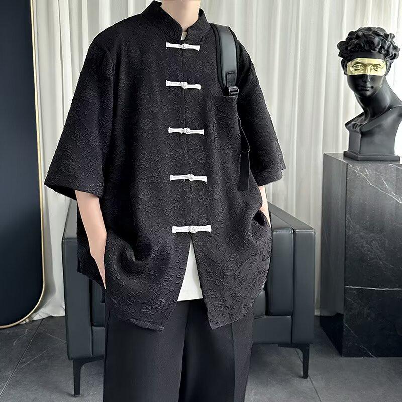 

Летняя мужская куртка-рубашка Zhongshan с короткими рукавами в китайском стиле 2024 года M чёрный