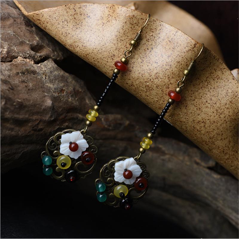 Retro Ethnic Style Shell Flower Handmade Beaded Long Section Pendant Hook Earring