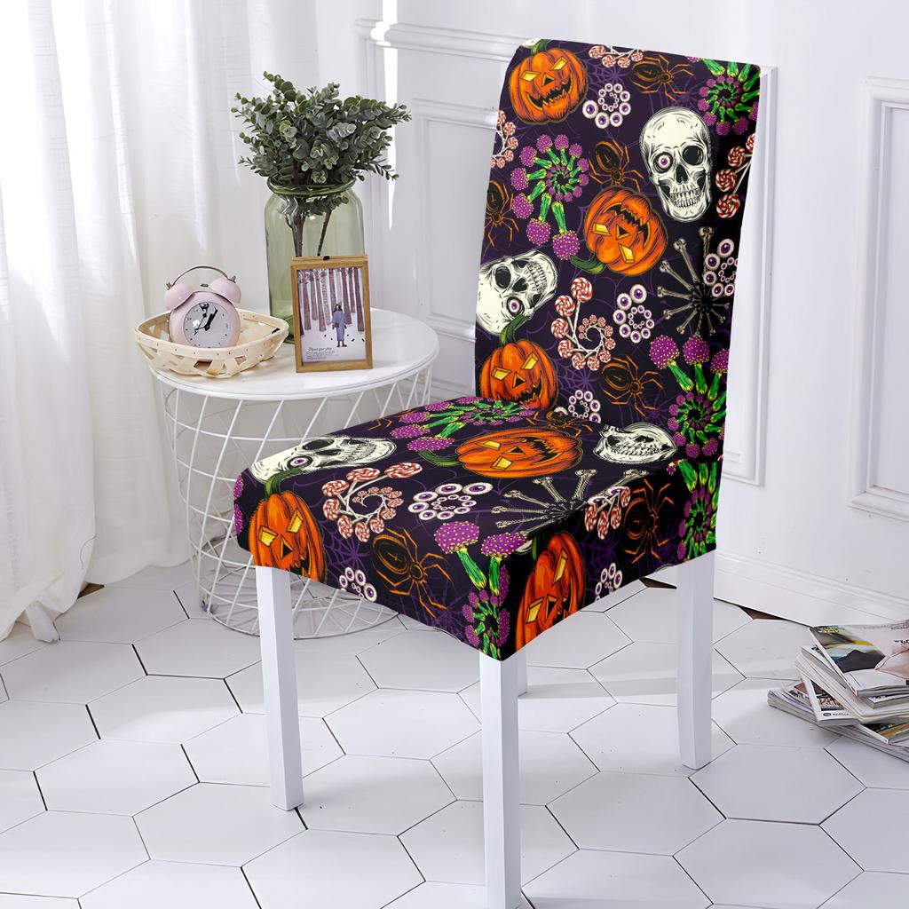 Elastic Chair Cover Skull Print Non-Slip Decorative Snug-Fit Machine Washable Seat Cover Halloween Holiday Decor Chair Protector