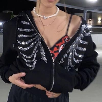 Y2K Rhinestone İskelet Hoodies Kadın Gotik Siyah Zip Up Büyük Boy Tişörtü Kadın Retro Harajuku Kapşonlu Ceket Streetwe...