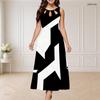 Women Plus Size Sleeveless Round Neck Triple Keyhole Cutout Black White Printed Maxi Dress