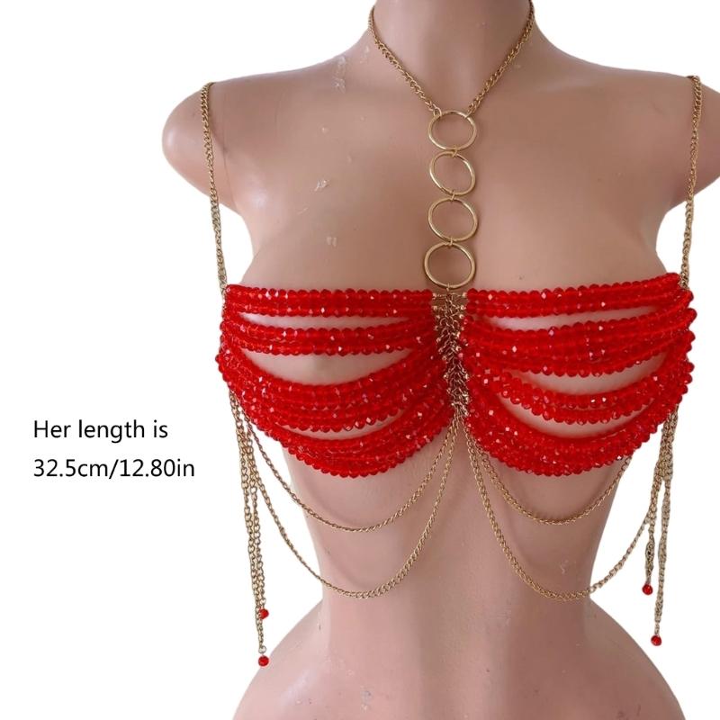 Fashionable Red Beaded Halter Neck Bra Chest Chain Body Jewelry Camisole Vest Crop Top for Women Beachwear Festivals