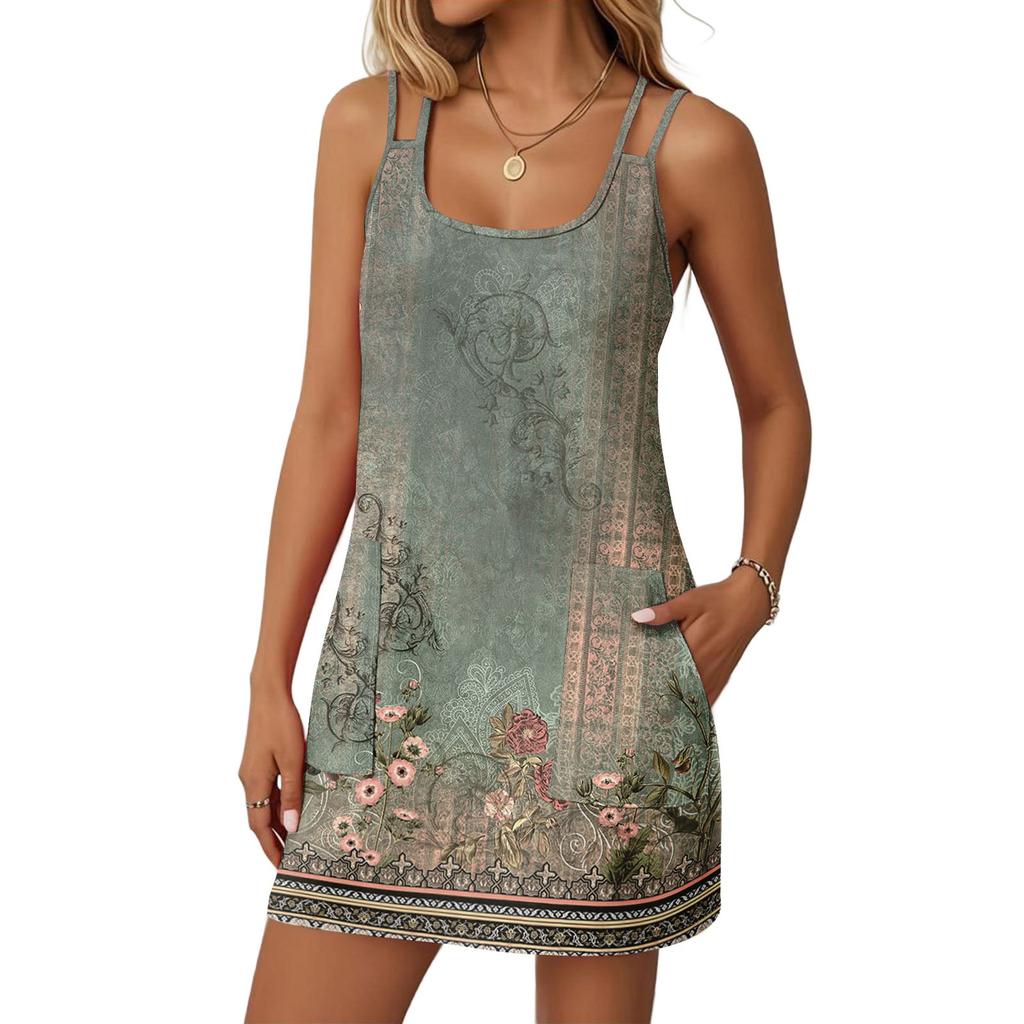 Women's Fashion Casual Vintage Floral Dresses With Pockets Dresses