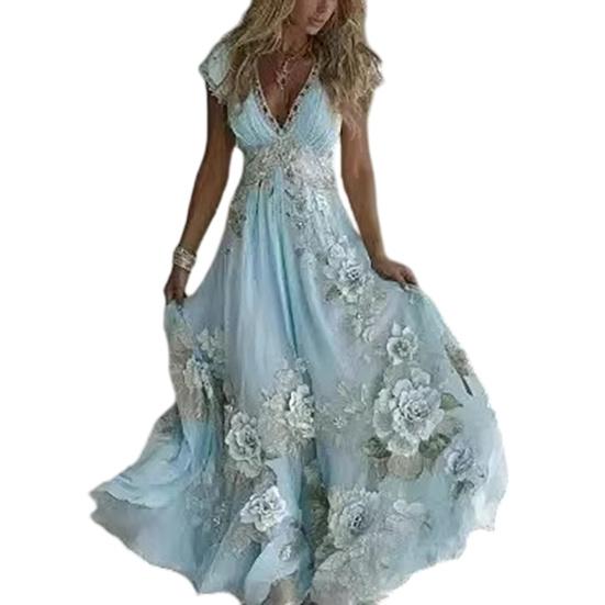 

Летнее цветочное макси-платье для женщин с коротким рукавом, V-образным вырезом, А-силуэта, расклешенное, с цветочным принтом, для пляжного отдыха, сарафан M синий