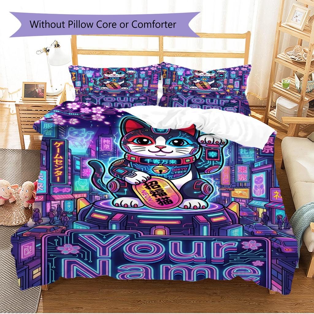 Name Custom Maneki-Neko Pattern Bedding Set Quilt Cover Pillowcase Home Decor Gift (1 * duvet cover + 2 * pillowcase, without core)