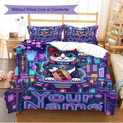 Name Custom Maneki-Neko Pattern Bedding Set Quilt Cover Pillowcase Home Decor Gift (1 * Duvet Cover + 2 * Pillowcase, Without Core)