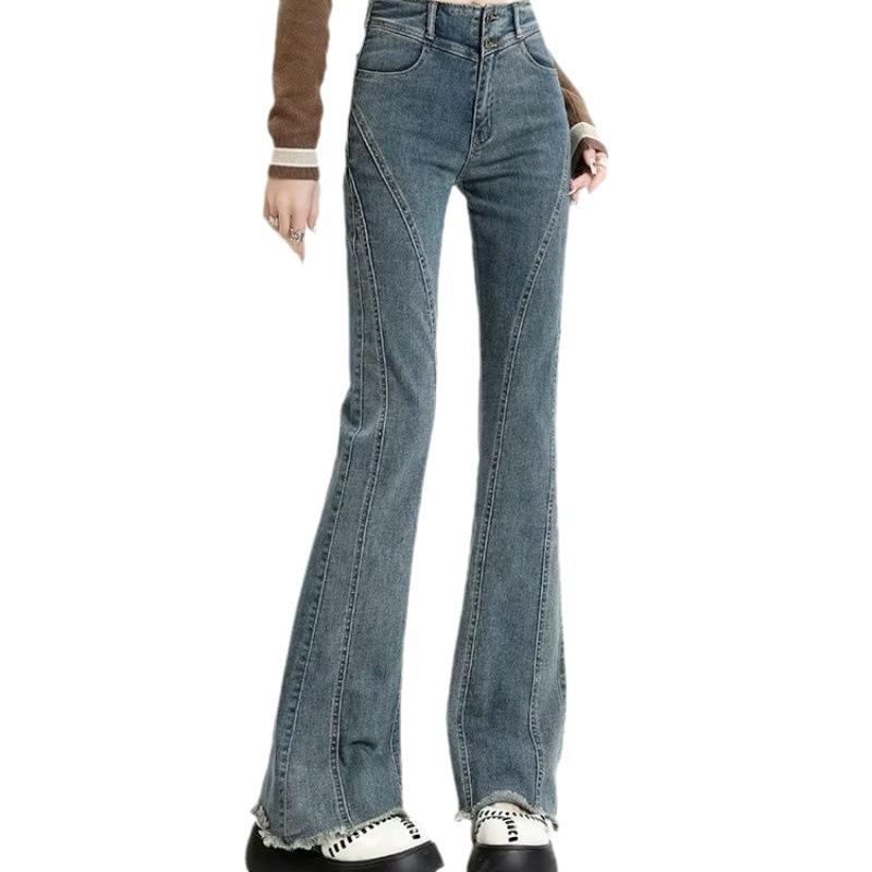 Blugi vintage Micro Spicy Lah pentru femei, primăvară și toamnă, pantaloni mari, îmbinați cu margine brută, pantaloni evazați cu talie înaltă