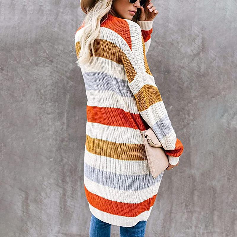 2025 Women's Long Color Block Striped Patchwork Cardigan for Autumn/Winter
