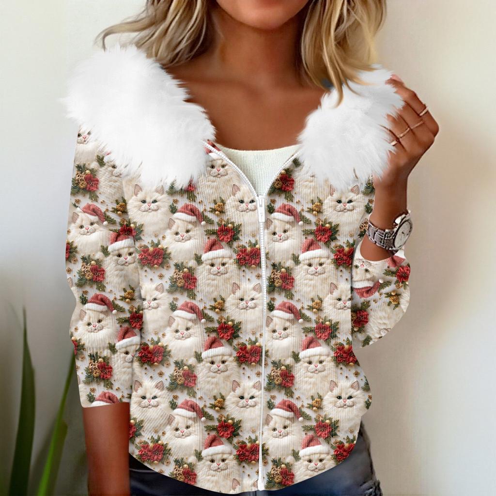 Women's Fashion Casual Sweater Zipper Print Cardigan Plush Hooded Jacket