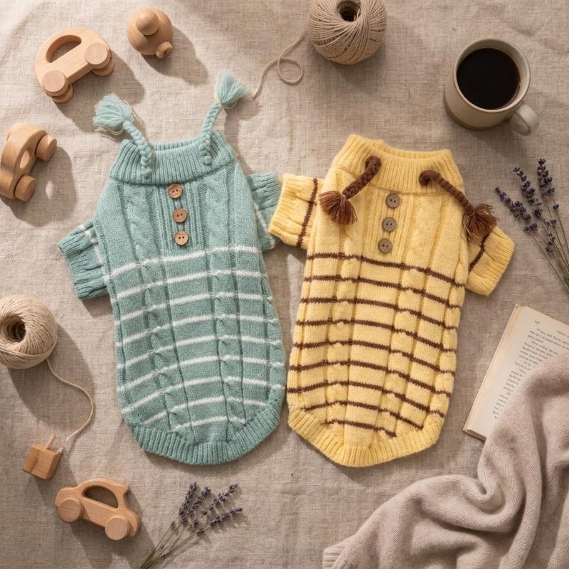 Tassel Decor Pet Knit Sweater Warm Two‑Legged Clothes Soft Striped Knitwear For Small Medium Dogs Cats Teddy Bichon Autumn Winter Daily Outfit
