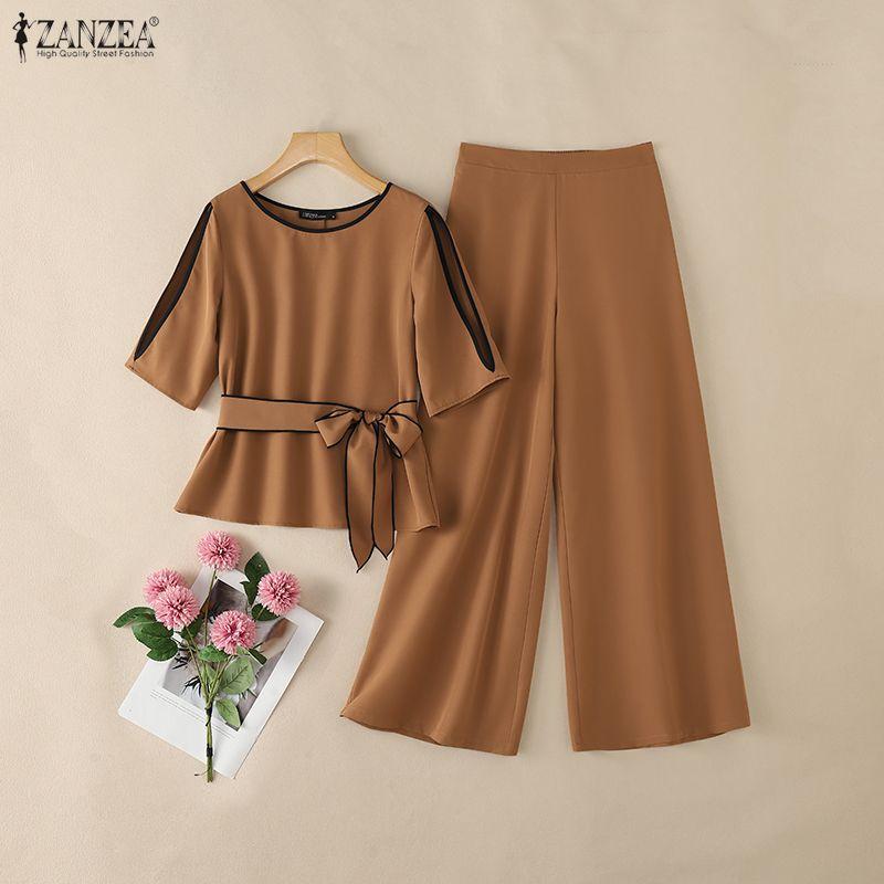 ZANZEA Women Hollow Half Sleeve Blouse and Wide Leg Pants Casual Two Piece Suit Sets