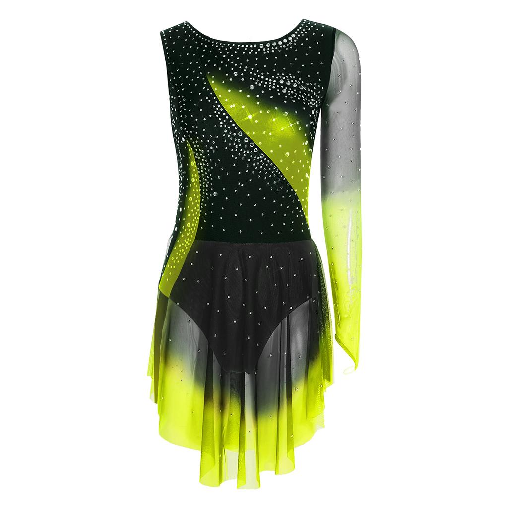 Damen Gradient Leotard Kleid Langarm Ärmellos Strasssteine Unregelmäßiger Netzsaum Eiskunstlauf Ballett Body